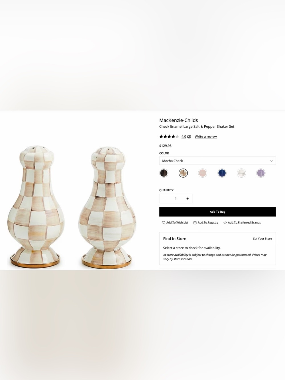 MacKenzie-Childs Mocha & Cream Check Salt and Pepper Shaker Set